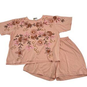 Women's Peach Floral Embroidered Short Set